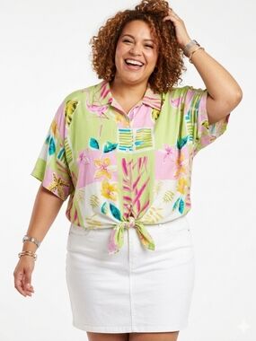 Venezia Plus Size Tropical Flamingo Button-Up Shirt - Pink & Lime - NEW